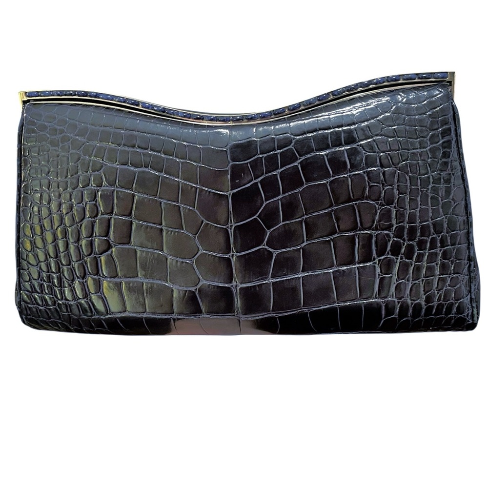 Judith Leiber Midnight Blue Alligator Clutch W/Silver Tone‎ & Lapis Stone Frame